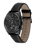 Hugo Boss Grand Prix Chronograph Black Dial Black Leather Strap Watch for Men - 1513474