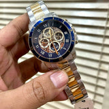 Fossil Grant Sport Automatic Skeleton Blue Dial Two Tone Steel Strap Watch for Men - ME3141