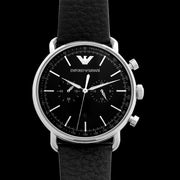 Emporio Armani Aviator Chronograph Black Dial Black Leather Strap Watch For Men - AR11143