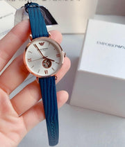 Emporio Armani Meccanico Gianni T-Bar Silver Dial Blue Leather Strap Watch For Women - AR60020