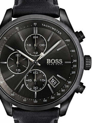 Hugo Boss Grand Prix Chronograph Black Dial Black Leather Strap Watch for Men - 1513474