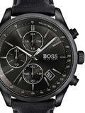 Hugo Boss Grand Prix Chronograph Black Dial Black Leather Strap Watch for Men - 1513474