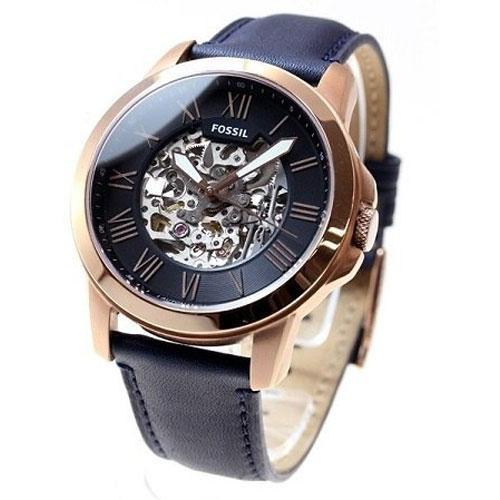 Fossil Grant Automatic Skeleton Blue Dial Blue Leather Strap Watch for