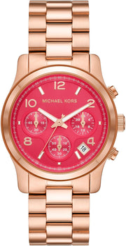 Michael Kors Runway Chronograph Pink Dial Rose Gold Steel Strap Watch For Women - MK7352