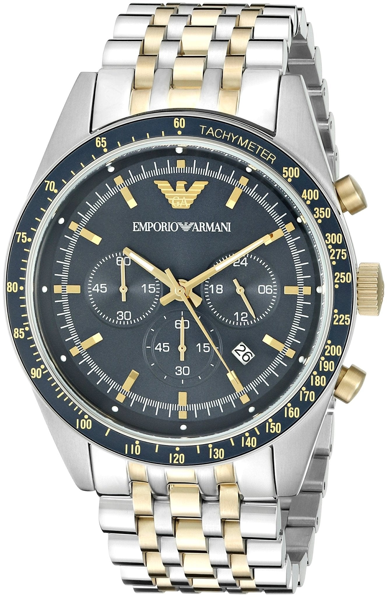 Emporio Armani Tazio Chronograph Blue Dial Two Tone Stainless Steel Wa