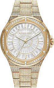 Michael Kors Lennox Three Hand Crystals White Dial Gold Steel Strap Watch For Women - MK6991