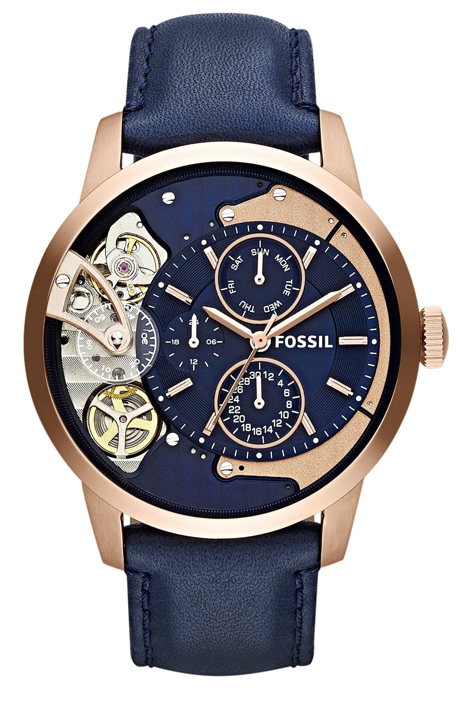 Fossil Townsman Twist Skeleton Blue Dial Blue Leather Strap Watch for