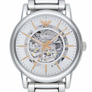 Emporio Armani Meccanico Skeleton Silver Dial Silver Steel Strap Watch For Men - AR1980