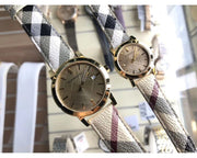 Burberry The City Gold Dial Haymarket Brown Leather Strap Watch for Women - BU9026