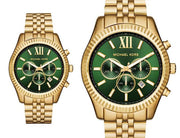 Michael Kors Lexington Chronograph Green Dial Gold Steel Strap Watch for Men - MK8446