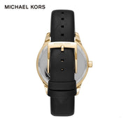 Michael Kors Layton Three Hand Mother of Pearl Black Dial Black Leather Strap Watch For Women - MK2911