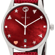 Gucci G-Timeless Mother of Pearl Red Dial Red Leather Strap Watch For Women - YA1264041