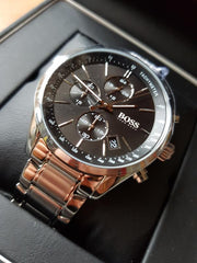 Hugo Boss Grand Prix Chronograph Black Dial Silver Steel Strap Watch for Men - 1513477