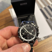 Hugo Boss Globetrotter Chronograph Black Dial Black Leather Strap Watch for Men - 1513864