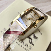 Burberry Pioneer Gold Dial Haymarket Beige Leather Strap Watch for Women - BU9509
