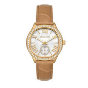 Michael Kors Sage Three-Hand Mother of Pearl White Dial Brown Leather Strap Watch for Women - MK4819