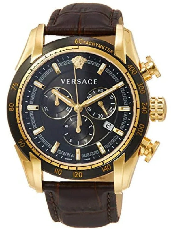 Versace V-Ray Chronograph Black Dial Brown Leather Strap Watch For Men - VEDB00318