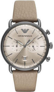 Emporio Armani Aviator Chronograph Grey Dial Beige Leather Strap Watch For Men - AR11107