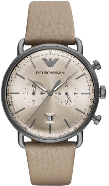 Emporio Armani Aviator Chronograph Grey Dial Beige Leather Strap Watch For Men - AR11107