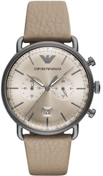 Emporio Armani Aviator Chronograph Grey Dial Beige Leather Strap Watch For Men - AR11107