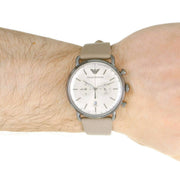 Emporio Armani Aviator Chronograph Grey Dial Beige Leather Strap Watch For Men - AR11107
