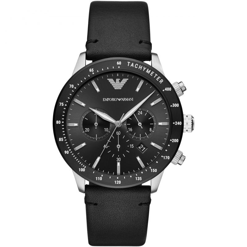Emporio Armani Mario Chronograph Black Dial Black Leather Strap