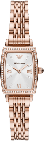 Emporio Armani Gianni T Bar Quartz Crystals White Dial Rose Gold Steel Strap Watch For Women - AR11406