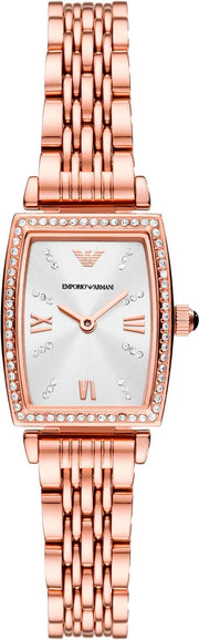 Emporio Armani Gianni T Bar Quartz Crystals White Dial Rose Gold Steel Strap Watch For Women - AR11406