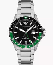 Emporio Armani Sea Explorer GMT Black Dial Silver Steel Strap Watch For Men - AR11589