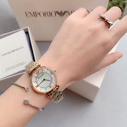 Emporio Armani Gianni T Bar Mother of Pearl White Dial Gold Steel Strap Watch For Women - AR190700