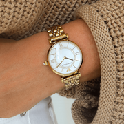 Emporio Armani Gianni T Bar Mother of Pearl White Dial Gold Steel Strap Watch For Women - AR190700