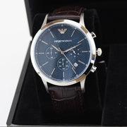 Emporio Armani Renato Chronograph Blue Dial Black Leather Strap Watch for Men  - AR2494