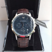 Emporio Armani Renato Chronograph Blue Dial Black Leather Strap Watch for Men  - AR2494