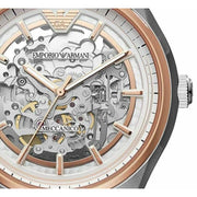 Emporio Armani Zeta Automatic Skeleton Silver Dial Black Leather Strap Watch For Men - AR60018