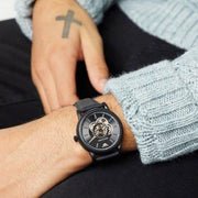 Emporio Armani Luigi Automatic Skeleton Black Dial Black Leather Strap Watch For Men - AR60012