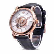 Emporio Armani Luigi Automatic Skeleton Silver Dial Black Leather Strap Watch For Men - AR60013