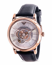 Emporio Armani Luigi Automatic Skeleton Silver Dial Black Leather Strap Watch For Men - AR60013