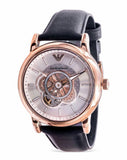 Emporio Armani Luigi Automatic Skeleton Silver Dial Black Leather Strap Watch For Men - AR60013