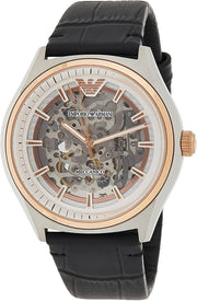 Emporio Armani Zeta Automatic Skeleton Silver Dial Black Leather Strap Watch For Men - AR60018