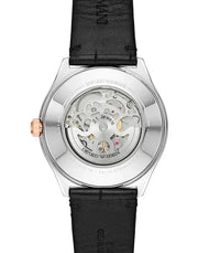 Emporio Armani Zeta Automatic Skeleton Silver Dial Black Leather Strap Watch For Men - AR60018