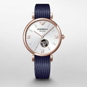 Emporio Armani Meccanico Gianni T-Bar Silver Dial Blue Leather Strap Watch For Women - AR60020