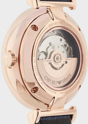 Emporio Armani Meccanico Gianni T-Bar Silver Dial Blue Leather Strap Watch For Women - AR60020