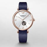 Emporio Armani Meccanico Gianni T-Bar Silver Dial Blue Leather Strap Watch For Women - AR60020