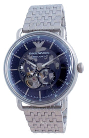 Emporio Armani Aviator Skeleton Blue Dial Silver Mesh Bracelet Watch For Men - AR60024