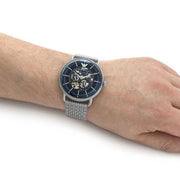Emporio Armani Aviator Skeleton Blue Dial Silver Mesh Bracelet Watch For Men - AR60024