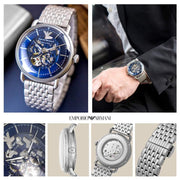Emporio Armani Aviator Skeleton Blue Dial Silver Mesh Bracelet Watch For Men - AR60024