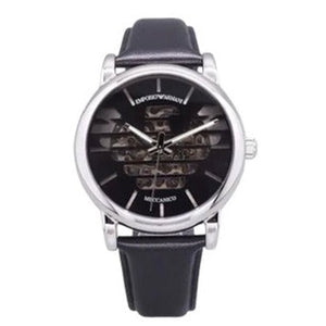 Emporio Armani Meccanico Automatic Skeleton Black Dial Black Leather Strap Watch For Men - AR60040