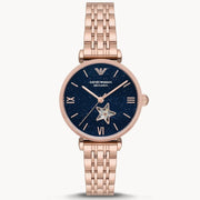 Emporio Armani Meccanico Gianni T Bar Blue Dial Rose Gold Steel Strap Watch For Women - AR60043