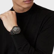 Emporio Armani Meccanico Skeleton Black Dial Black Leather Strap Watch For Men - AR60046