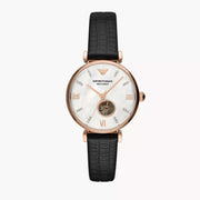 Emporio Armani Meccanico Gianni T Bar Mother of Pearl White Dial Black Leather Strap Watch For Women - AR60047